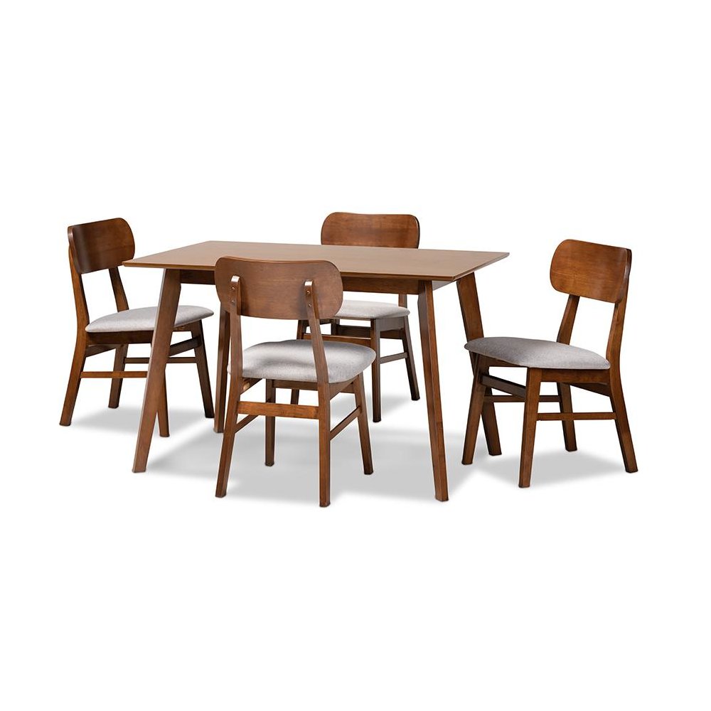 Grey Fabric Upholstered and Walnut Brown Finished Wood 5-Piece Dining Set