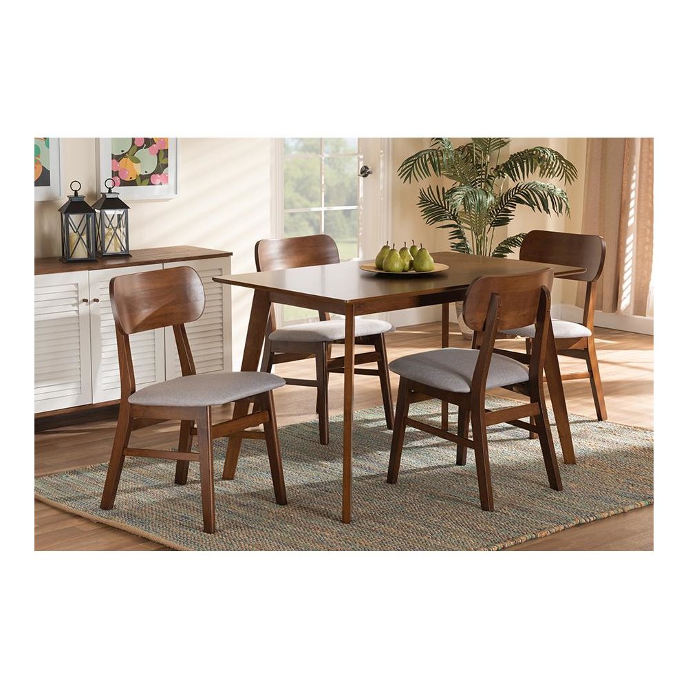 Grey Fabric Upholstered and Walnut Brown Finished Wood 5-Piece Dining Set