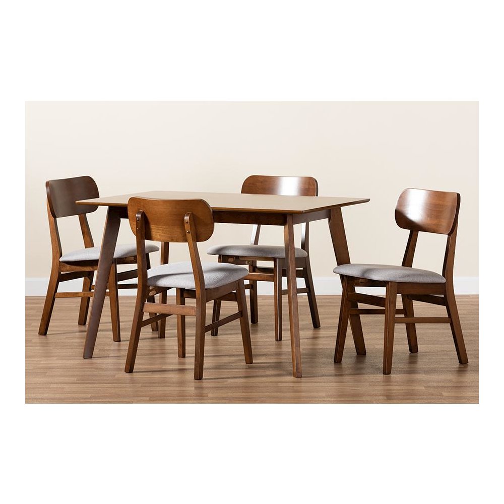 Grey Fabric Upholstered and Walnut Brown Finished Wood 5-Piece Dining Set
