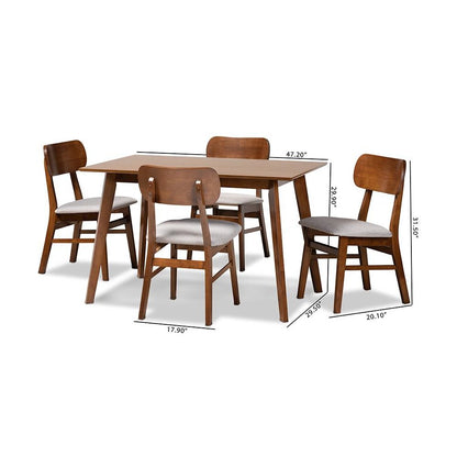 Grey Fabric Upholstered and Walnut Brown Finished Wood 5-Piece Dining Set