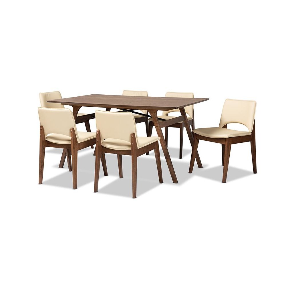 Leather Upholstered and Walnut Brown Finished Wood 7-Piece Dining Set