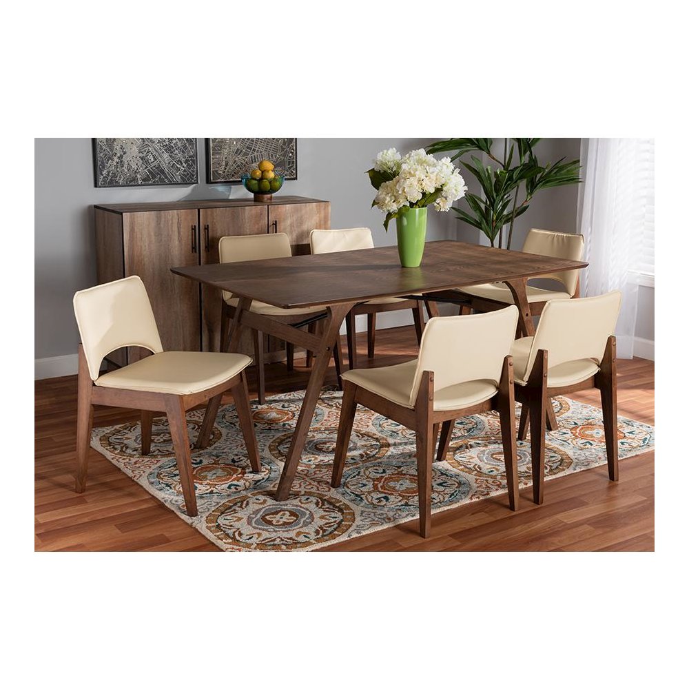 Leather Upholstered and Walnut Brown Finished Wood 7-Piece Dining Set