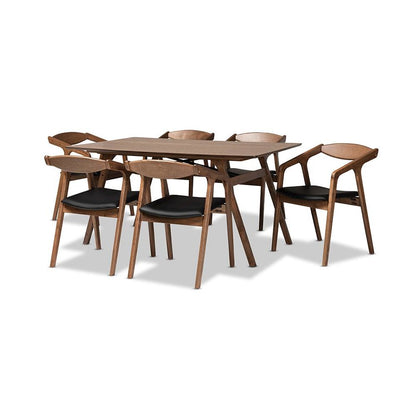 Leather Upholstered and Walnut Brown Finished Wood 7-Piece Dining Set