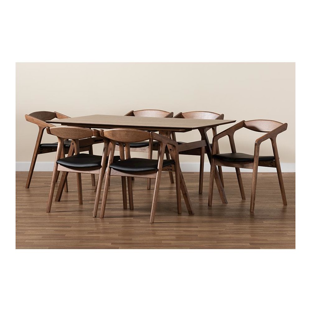 Leather Upholstered and Walnut Brown Finished Wood 7-Piece Dining Set