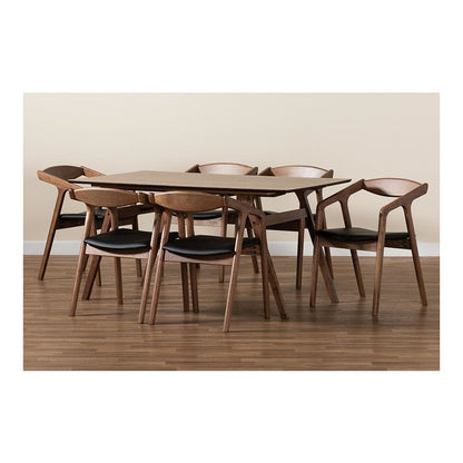 Leather Upholstered and Walnut Brown Finished Wood 7-Piece Dining Set