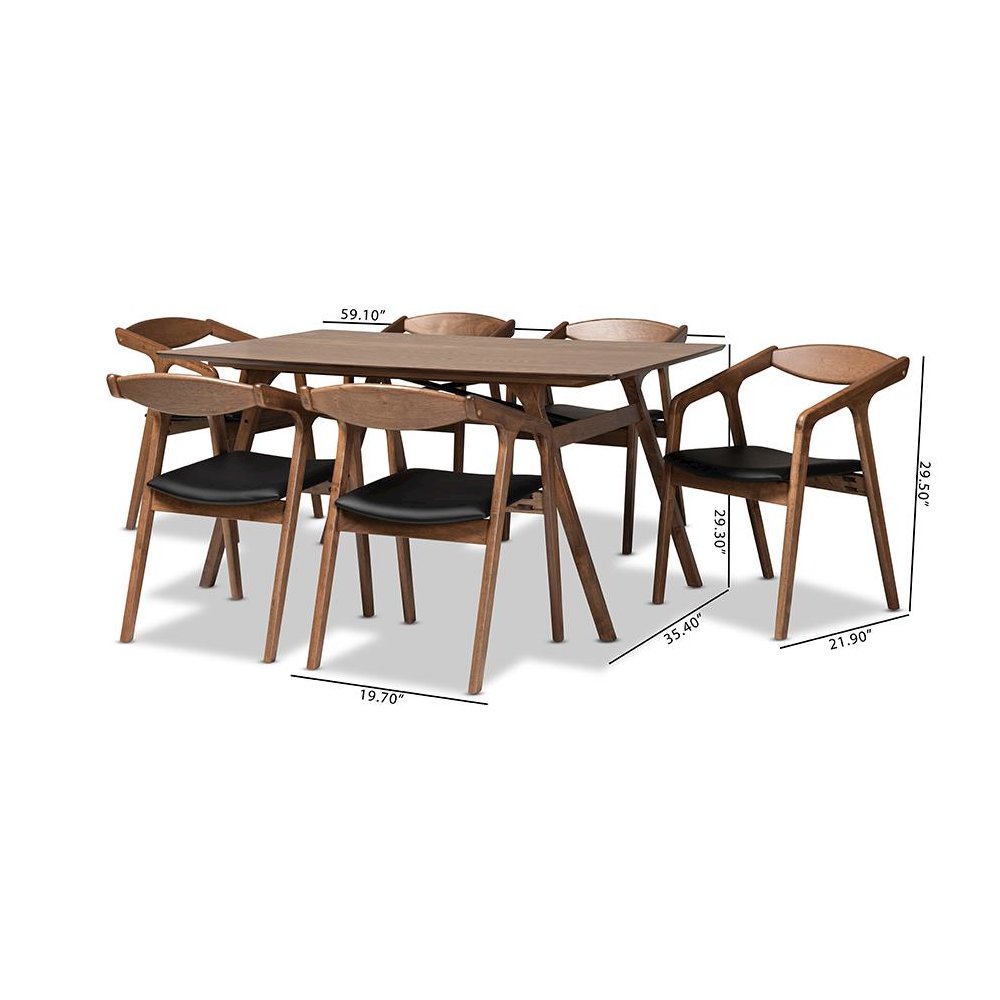 Leather Upholstered and Walnut Brown Finished Wood 7-Piece Dining Set