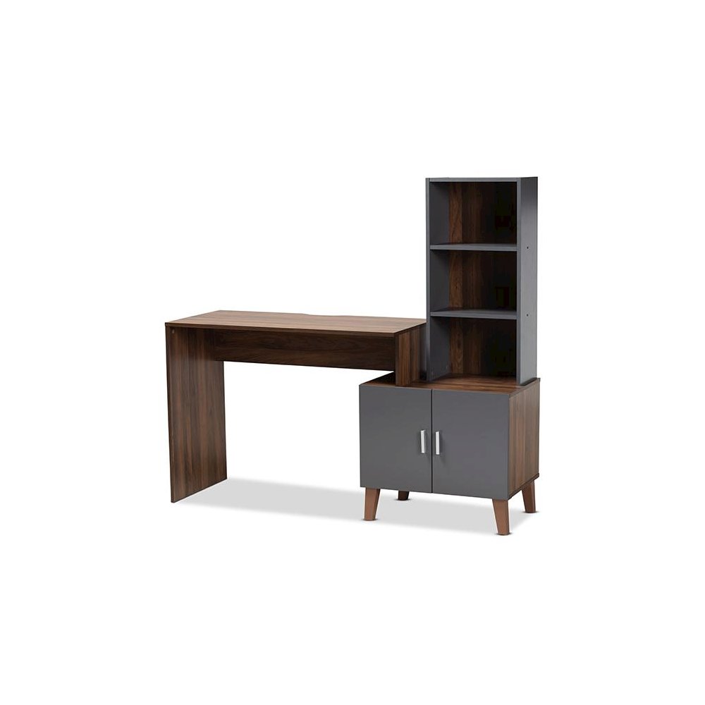Two-Tone Walnut Brown and Dark Grey Finished Wood Storage Desk with Shelves