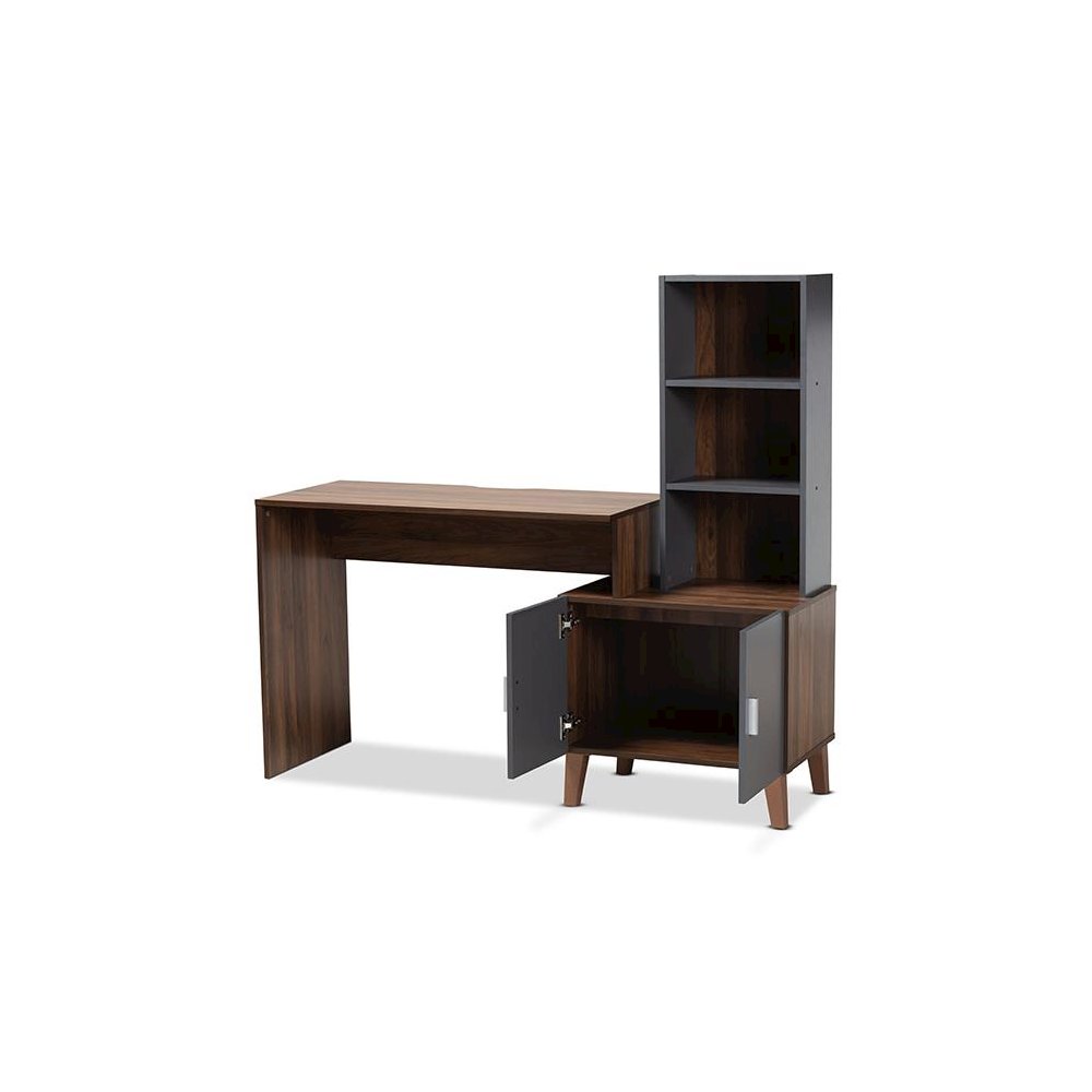 Two-Tone Walnut Brown and Dark Grey Finished Wood Storage Desk with Shelves
