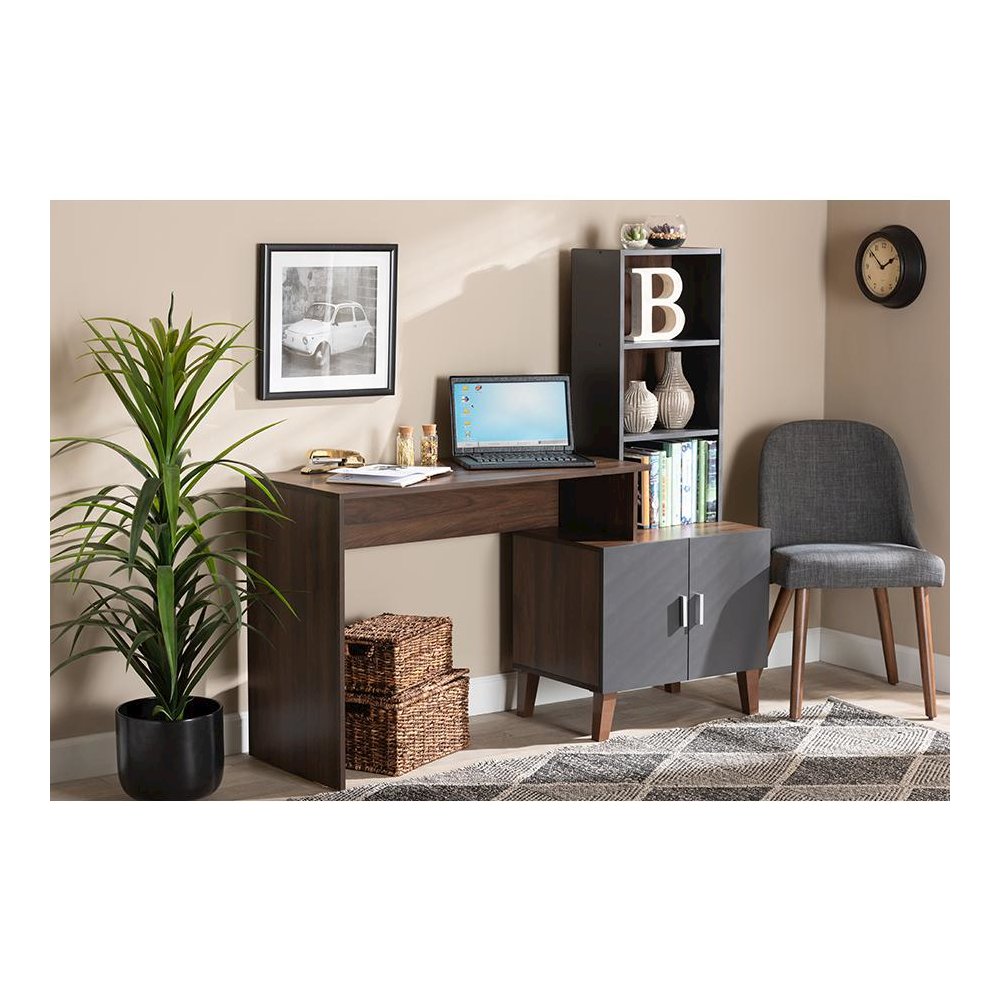 Two-Tone Walnut Brown and Dark Grey Finished Wood Storage Desk with Shelves