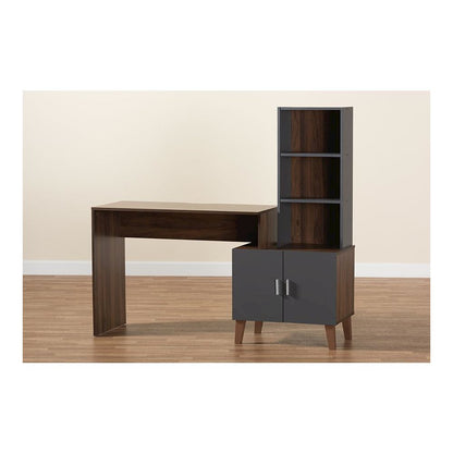 Two-Tone Walnut Brown and Dark Grey Finished Wood Storage Desk with Shelves