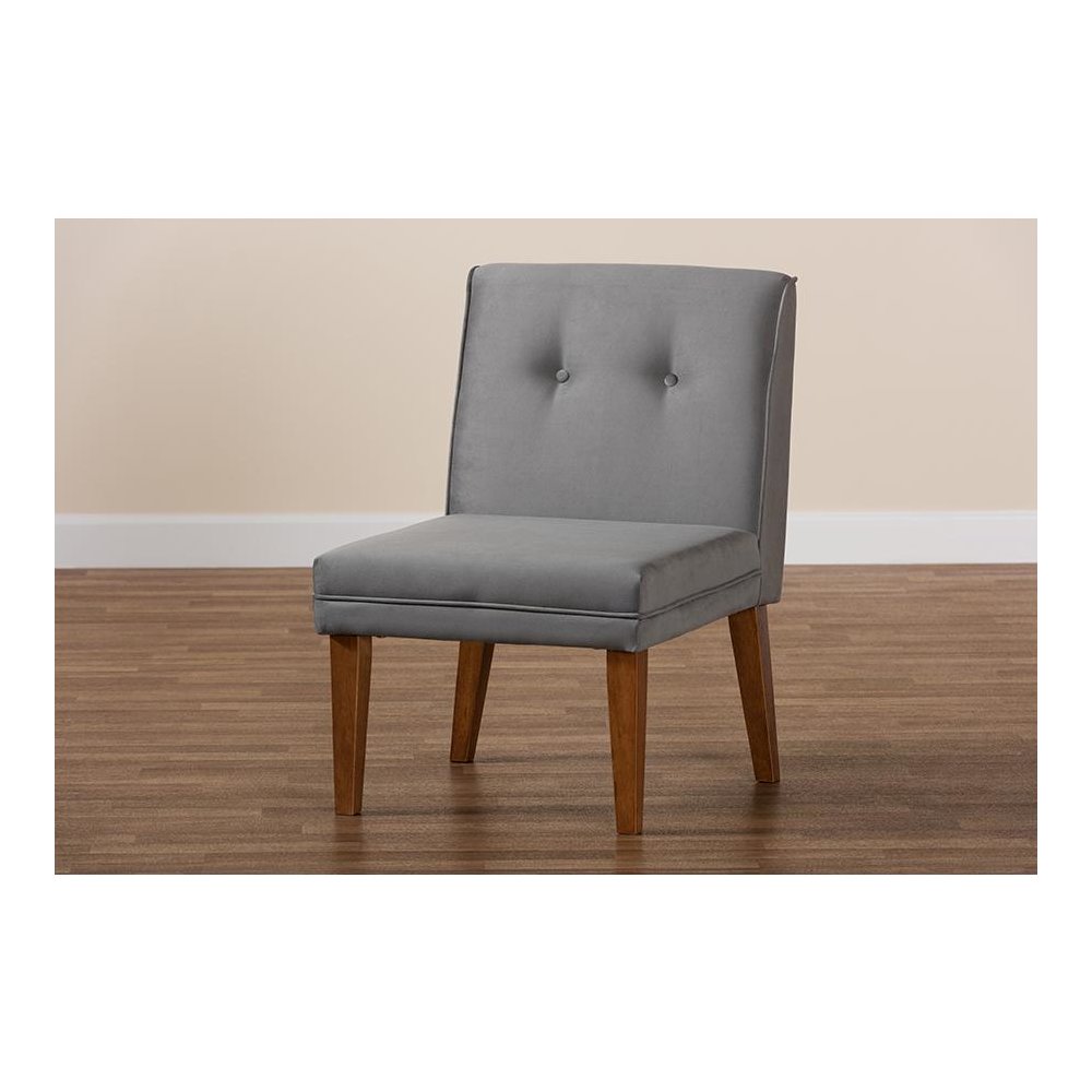 Grey Velvet Upholstered and Walnut Brown Finished Wood Dining Chair