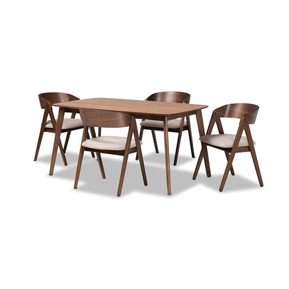 Beige Fabric Upholstered and Walnut Brown Finished Wood 5-Piece Dining Set