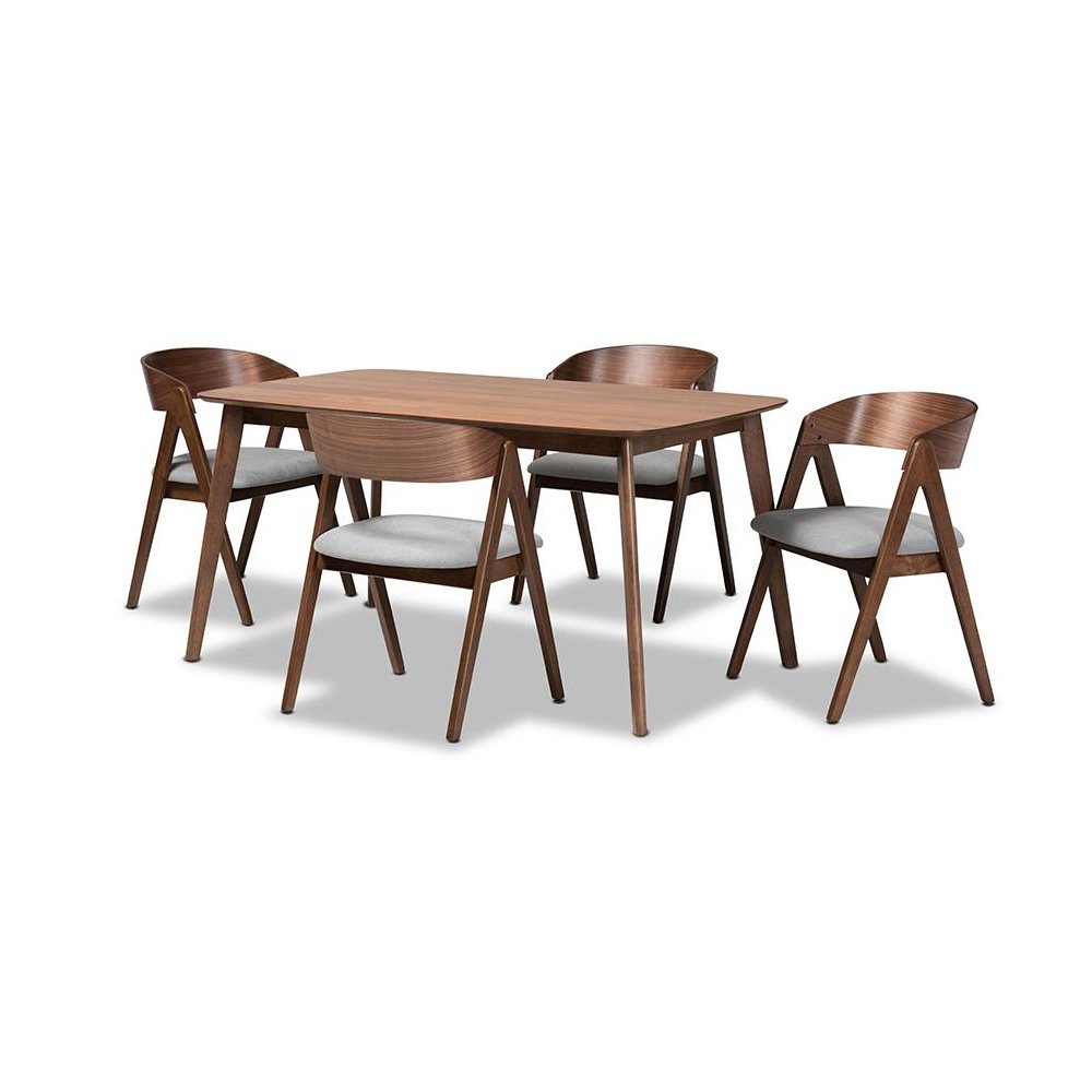 Grey Fabric Upholstered and Walnut Brown Finished Wood 5-Piece Dining Set
