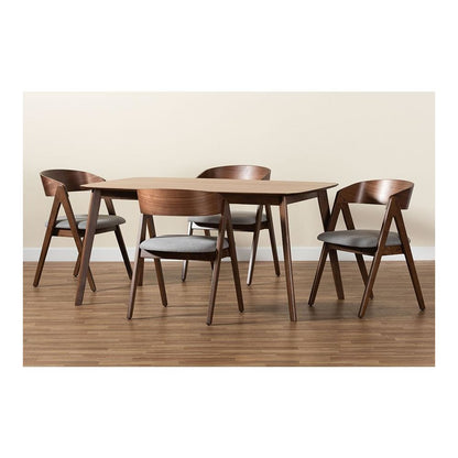Grey Fabric Upholstered and Walnut Brown Finished Wood 5-Piece Dining Set