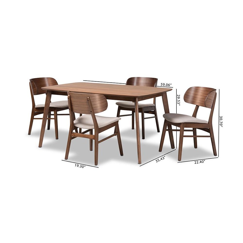 Beige Fabric Upholstered and Walnut Brown Finished Wood 5-Piece Dining Set