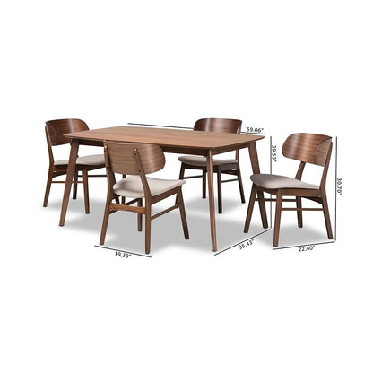 Beige Fabric Upholstered and Walnut Brown Finished Wood 5-Piece Dining Set