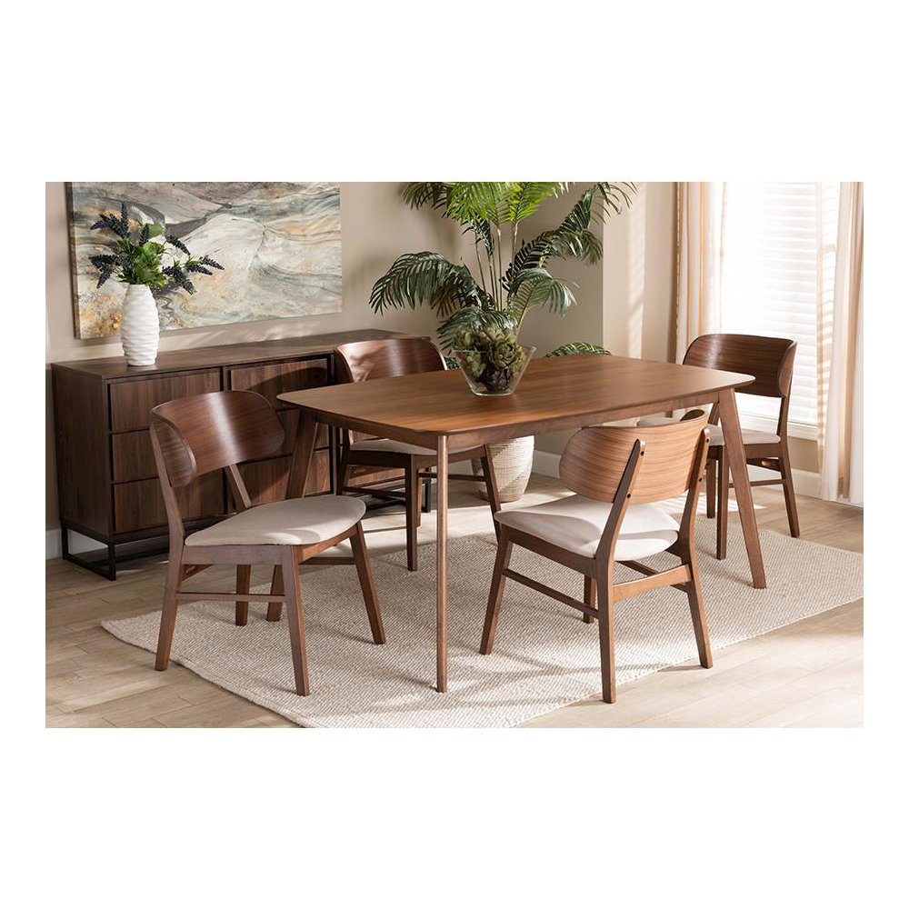 Beige Fabric Upholstered and Walnut Brown Finished Wood 5-Piece Dining Set