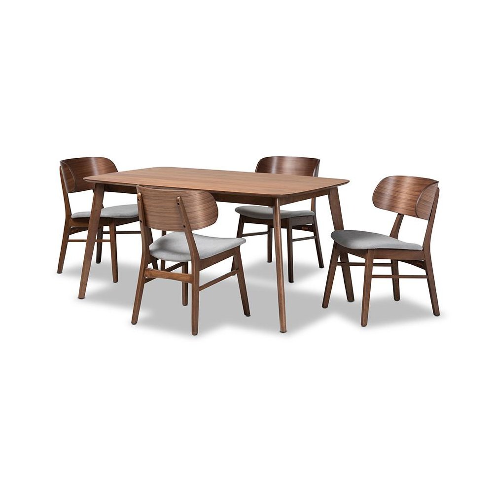 Grey Fabric Upholstered and Walnut Brown Finished Wood 5-Piece Dining Set