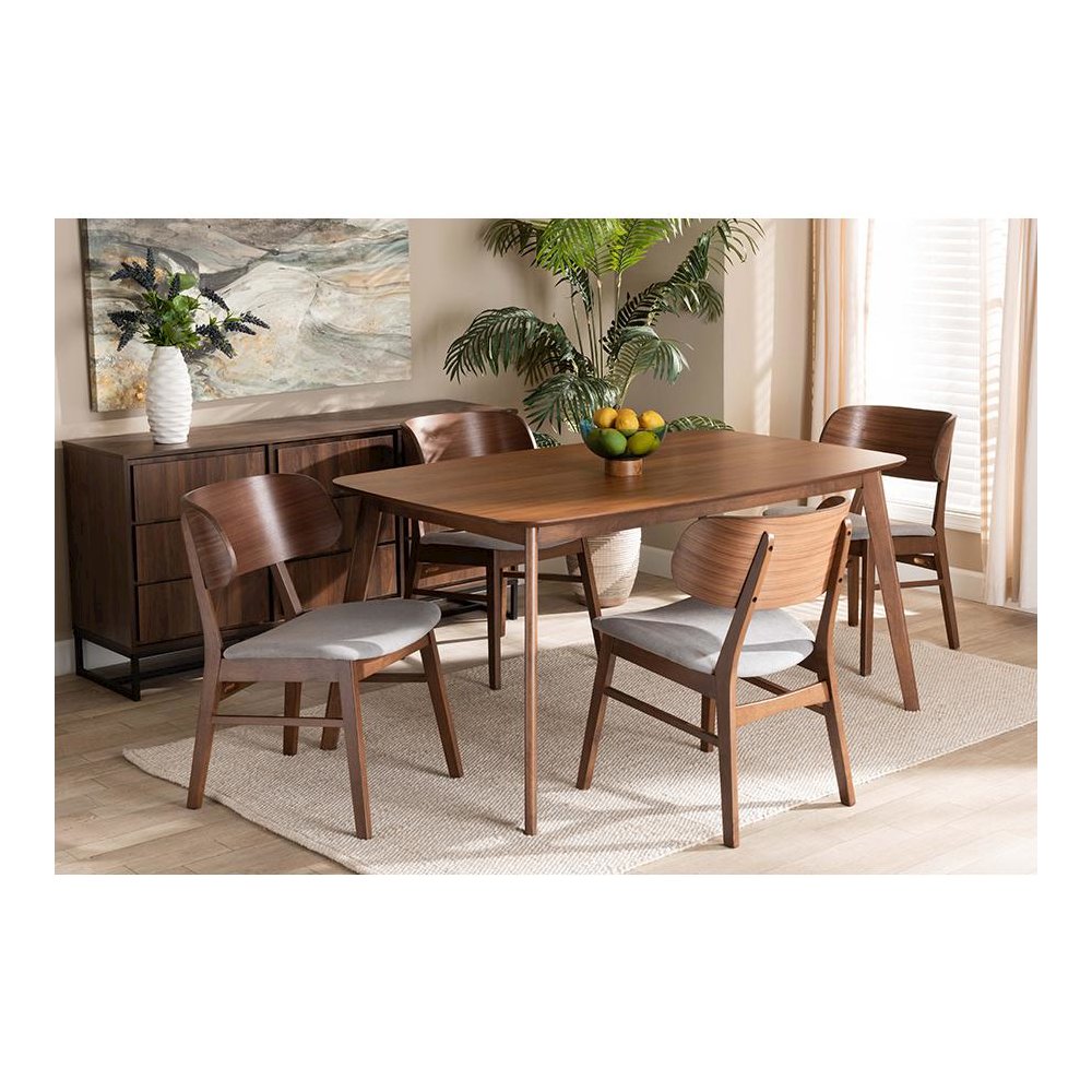 Grey Fabric Upholstered and Walnut Brown Finished Wood 5-Piece Dining Set