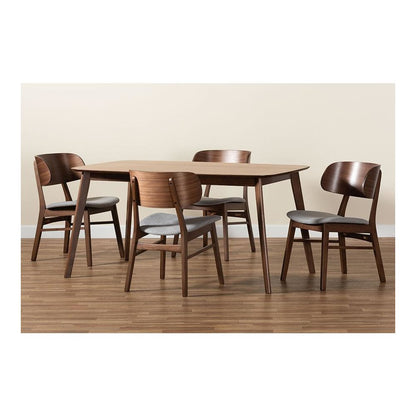 Grey Fabric Upholstered and Walnut Brown Finished Wood 5-Piece Dining Set