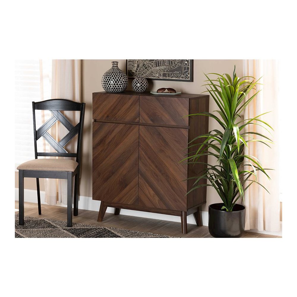 Baxton Studio Hartman Mid-Century Modern Walnut Brown Finished Wood Shoe Cabinet