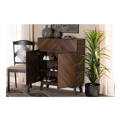 Baxton Studio Hartman Mid-Century Modern Walnut Brown Finished Wood Shoe Cabinet