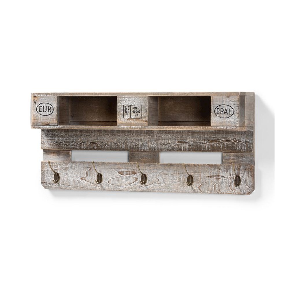 Rustic Whitewashed Grey Oak Finished Wood Wall Mounted Coat Rack with Shelves