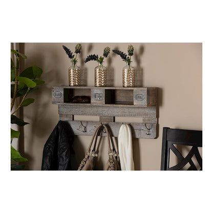 Rustic Whitewashed Grey Oak Finished Wood Wall Mounted Coat Rack with Shelves