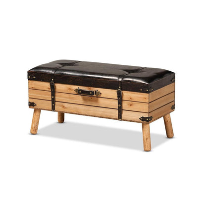 Dark Brown PU Leather Upholstered and Oak Finished Wood Large Storage Ottoman