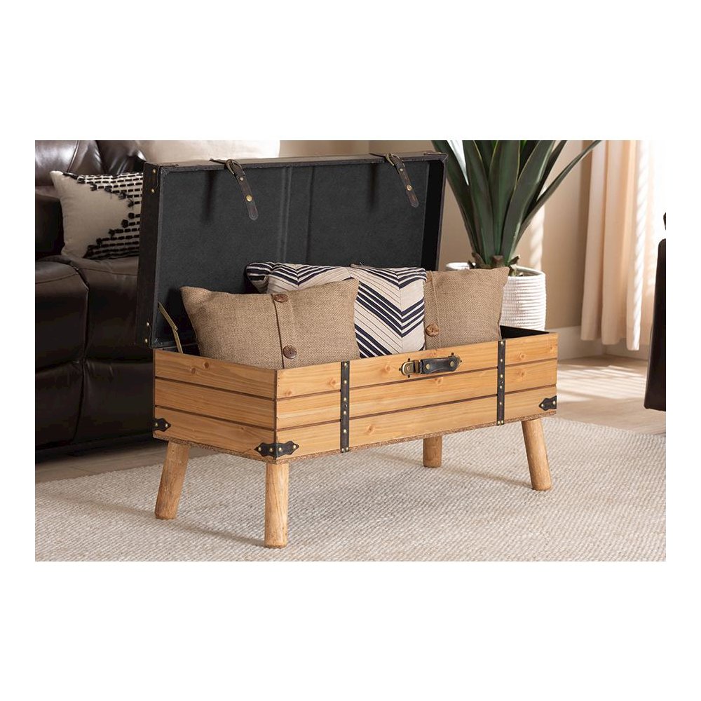 Dark Brown PU Leather Upholstered and Oak Finished Wood Large Storage Ottoman