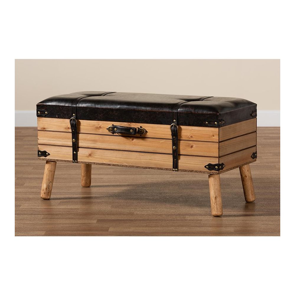 Dark Brown PU Leather Upholstered and Oak Finished Wood Large Storage Ottoman
