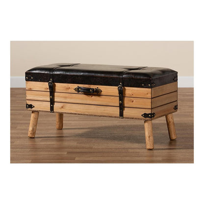 Dark Brown PU Leather Upholstered and Oak Finished Wood Large Storage Ottoman