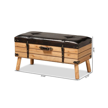 Dark Brown PU Leather Upholstered and Oak Finished Wood Large Storage Ottoman