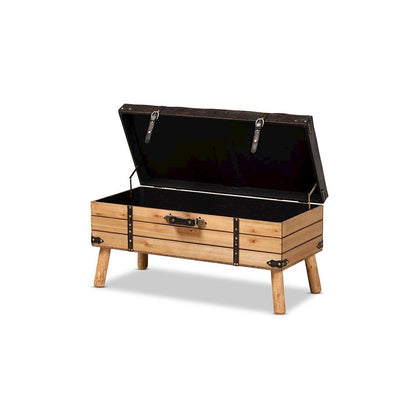 Dark Brown PU Leather Upholstered and Oak Finished Wood Large Storage Ottoman