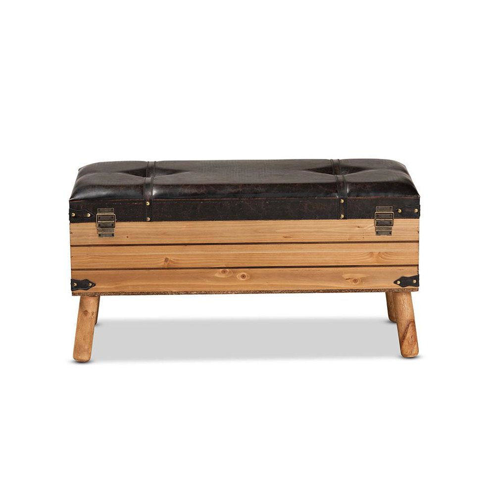 Dark Brown PU Leather Upholstered and Oak Finished Wood Large Storage Ottoman