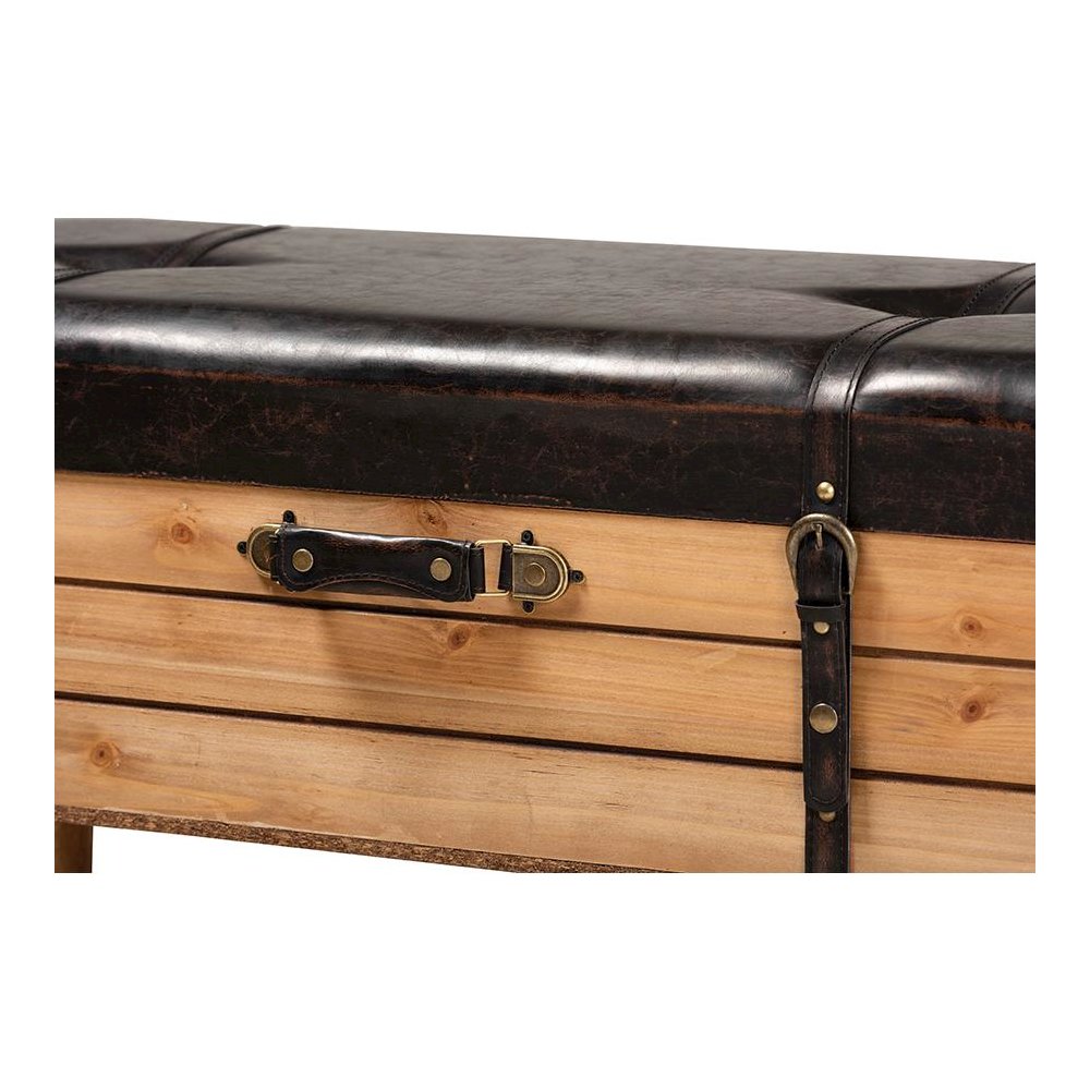 Dark Brown PU Leather Upholstered and Oak Finished Wood Large Storage Ottoman