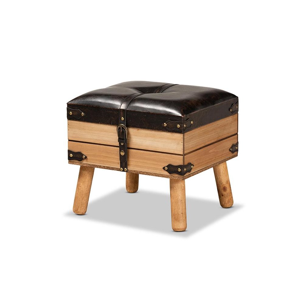 Dark Brown PU Leather Upholstered and Oak Finished Wood Small Storage Ottoman