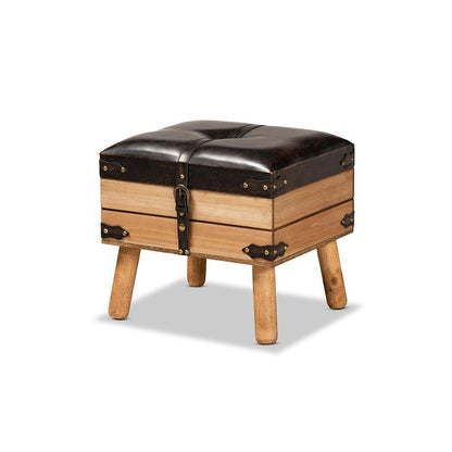 Dark Brown PU Leather Upholstered and Oak Finished Wood Small Storage Ottoman
