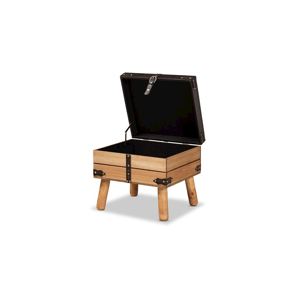 Dark Brown PU Leather Upholstered and Oak Finished Wood Small Storage Ottoman