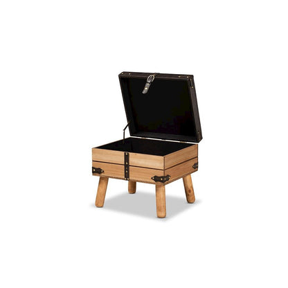 Dark Brown PU Leather Upholstered and Oak Finished Wood Small Storage Ottoman