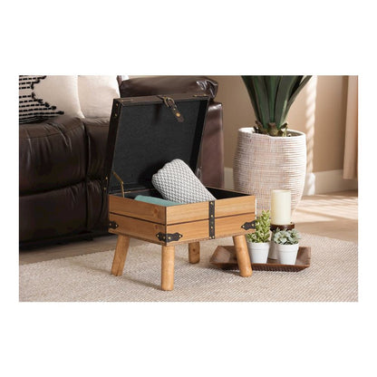 Dark Brown PU Leather Upholstered and Oak Finished Wood Small Storage Ottoman