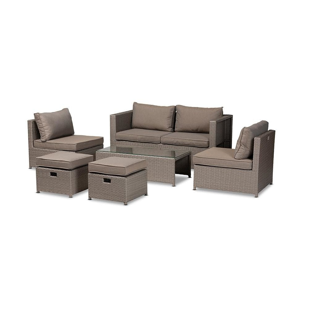 Grey Fabric Upholstered and Grey Finished Synthetic Rattan 6-Piece Patio Set