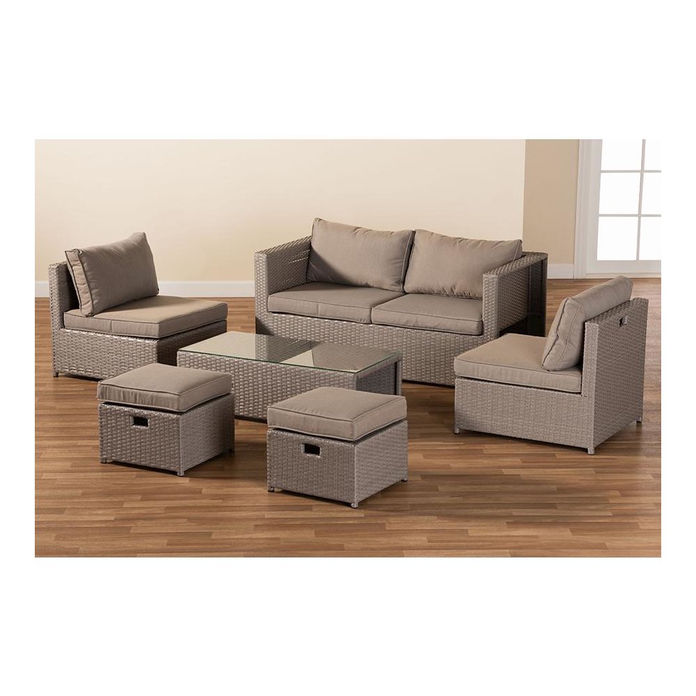 Grey Fabric Upholstered and Grey Finished Synthetic Rattan 6-Piece Patio Set