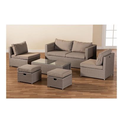Grey Fabric Upholstered and Grey Finished Synthetic Rattan 6-Piece Patio Set