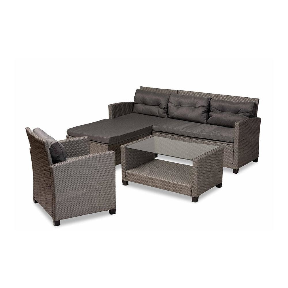 Grey Fabric Upholstered and Grey Synthetic Rattan 4-Piece Patio Set