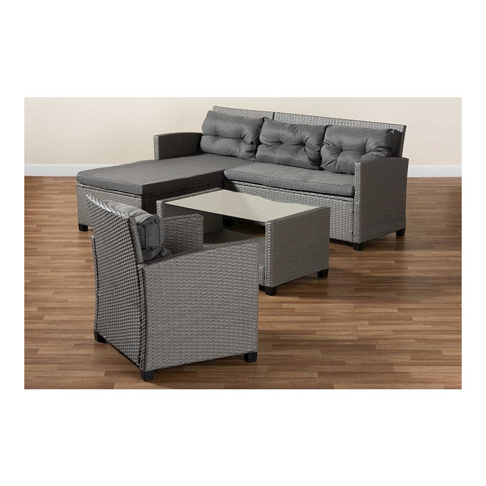 Grey Fabric Upholstered and Grey Synthetic Rattan 4-Piece Patio Set
