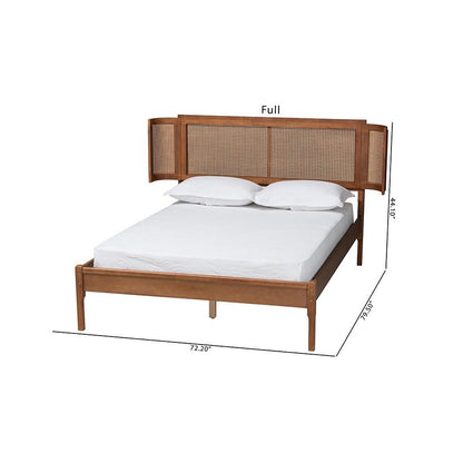 Walnut Brown Finished Wood and Natural Rattan Full Size Platform Bed