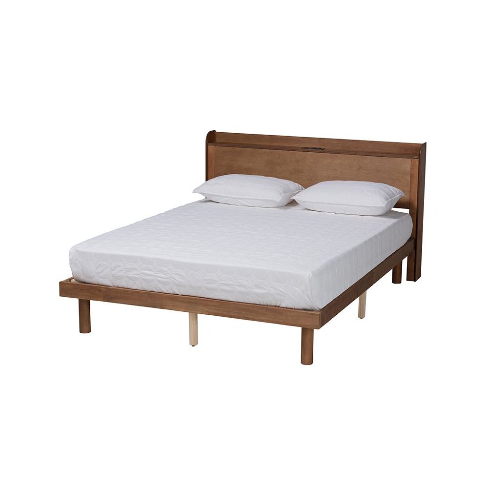 Walnut Brown Finished Wood Full Size Platform Bed with Charging Station