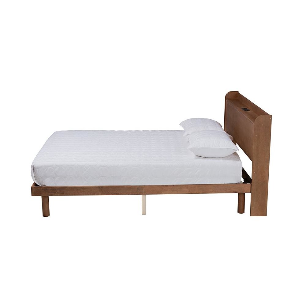 Walnut Brown Finished Wood Full Size Platform Bed with Charging Station