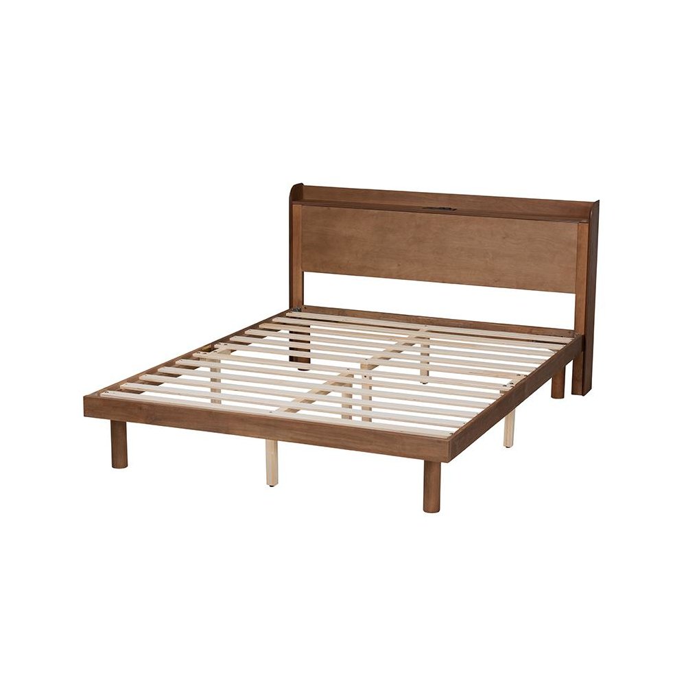 Walnut Brown Finished Wood Full Size Platform Bed with Charging Station